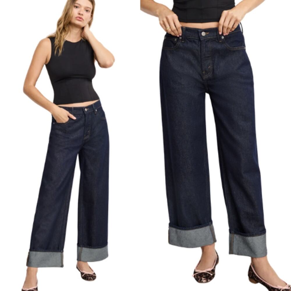 NEW Good American Good Standard Low-Rise Baggy Cuffed Jeans Dark Wash Size: 12